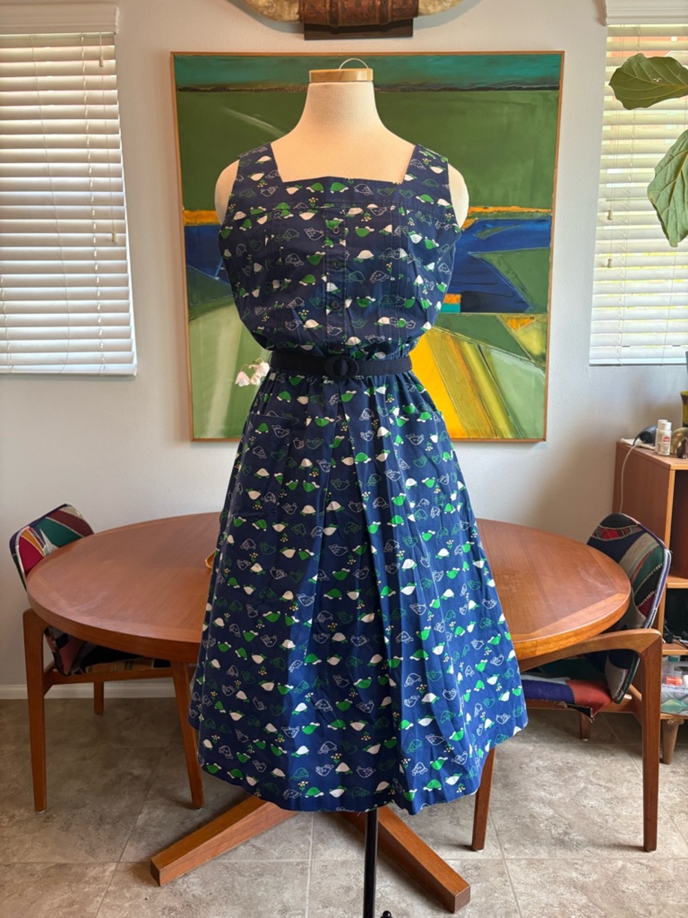 Vintage 70s Sleeveless Navy Blue “Turtle” Novelty Printed Fit-and-Flare Dress